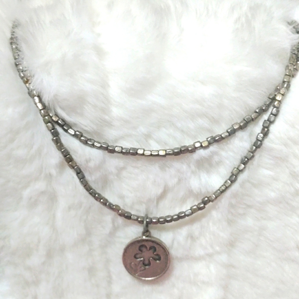 Rustic flat or white silvertone boho necklace